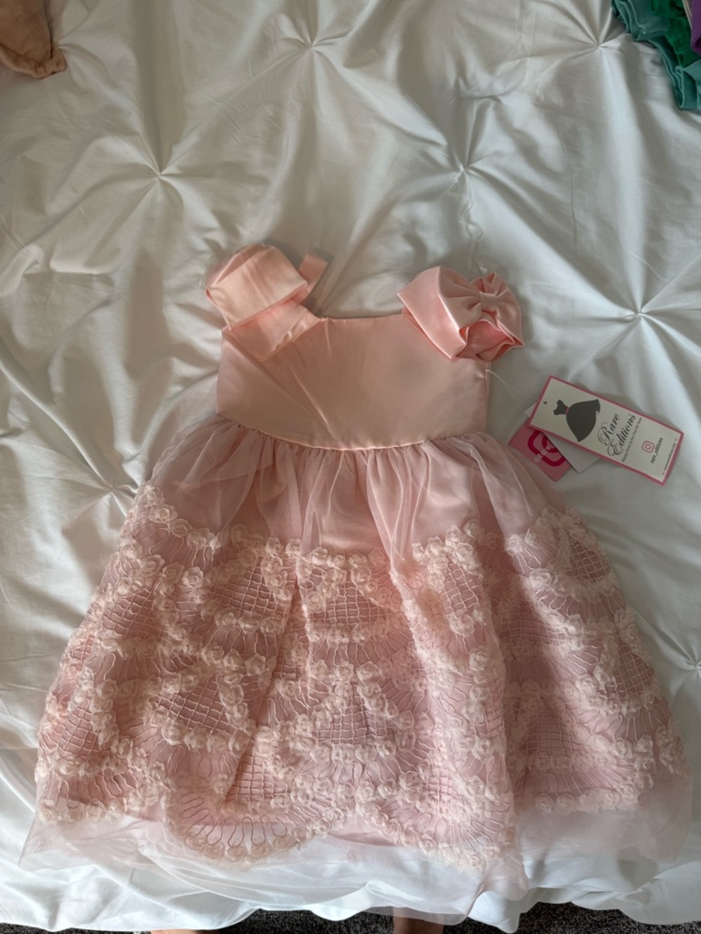 Rare Editions Blush Pink Lace & Satin Bow Dress